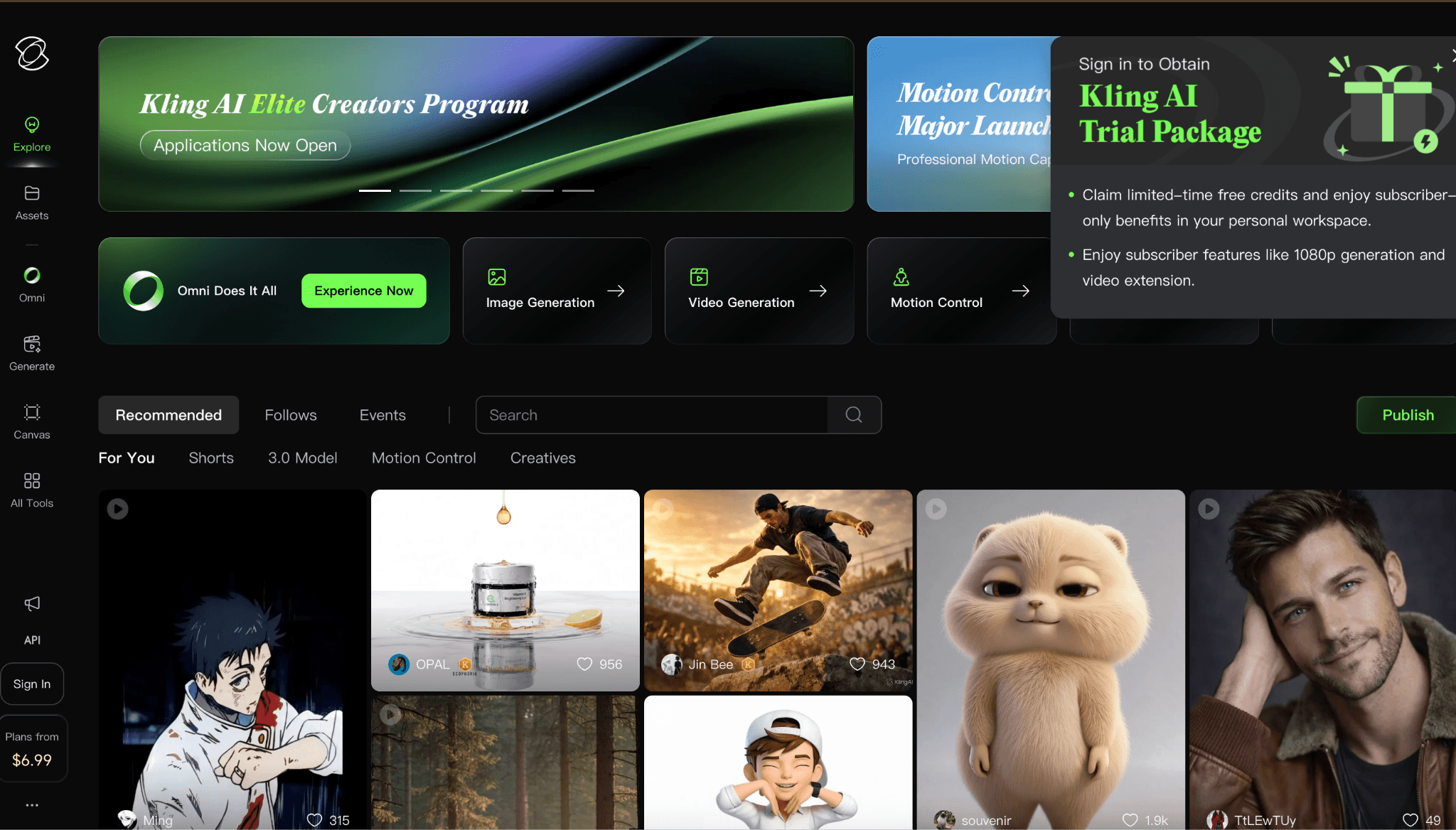 Kling AI creator dashboard featuring the Kling 3.0 Omni multimodal video model, the Elite Creators Program banner, the Motion Control major launch promo, and a recommended grid of user-generated AI videos