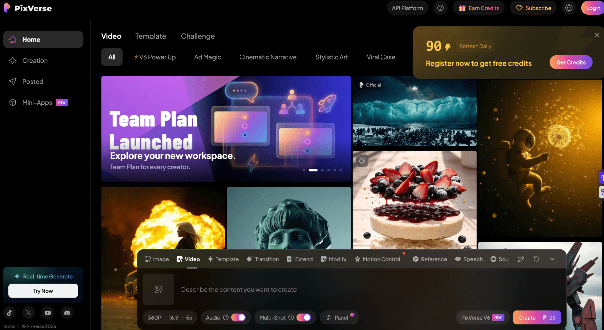 PixVerse V6 creator dashboard showing the Team Plan launch banner, V6 Power Up and Cinematic Narrative templates, and example AI-generated videos including explosions, food scenes, and stylized characters